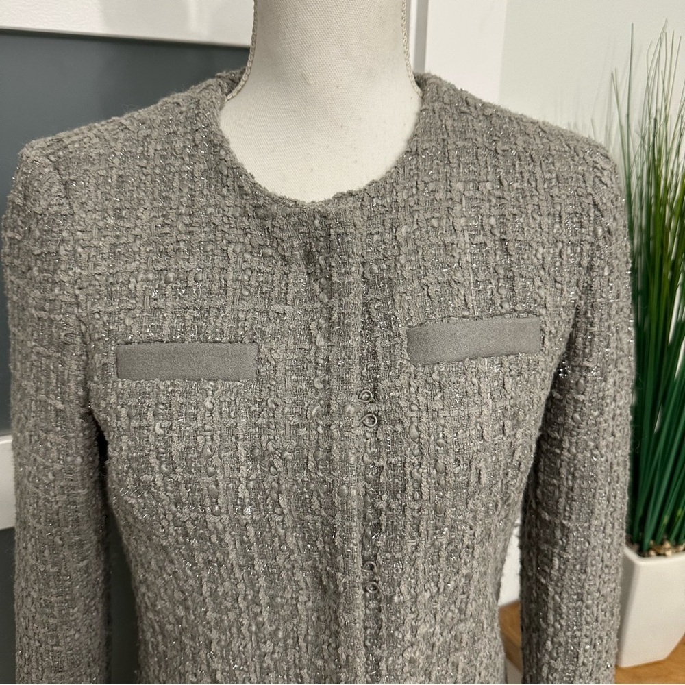 VERTIGO PARIS Gray Tweed Fringe Wool Blend Coat Jacket SZ S Grey Longer Length - Picture 3 of 8